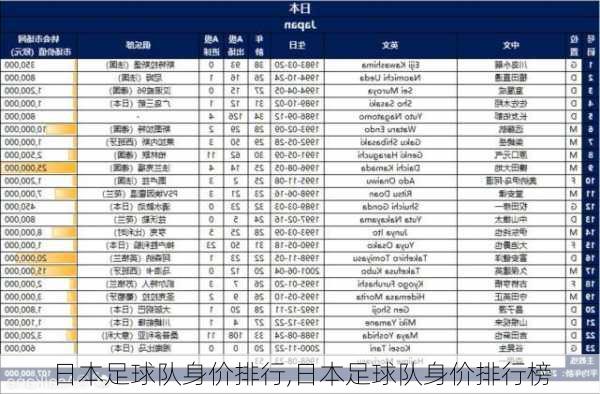 日本足球队身价排行,日本足球队身价排行榜