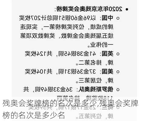残奥会奖牌榜的名次是多少,残奥会奖牌榜的名次是多少名
