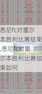 悉尼fc对墨尔本胜利比赛结果,悉尼fc对墨尔本胜利比赛结果如何